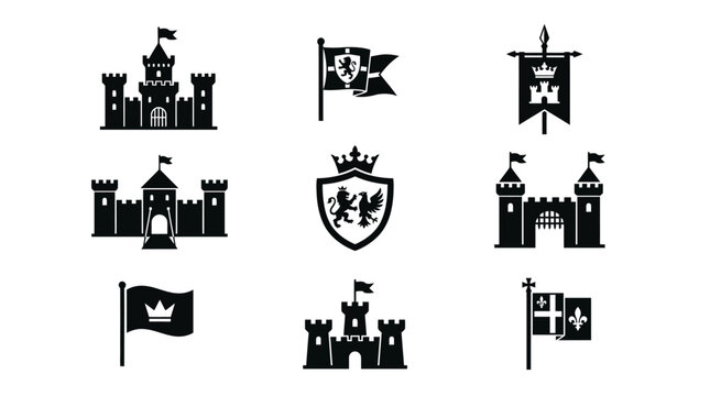 Black silhouettes of medieval castles and flags.