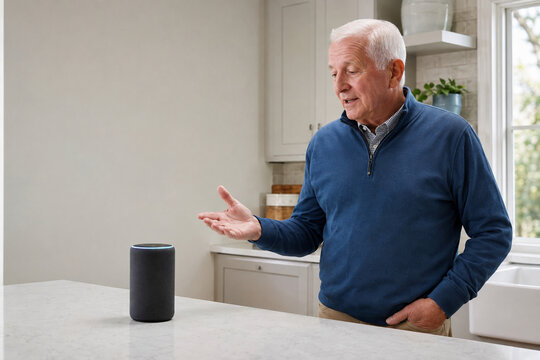 Older man using voice control with a smart speaker at home