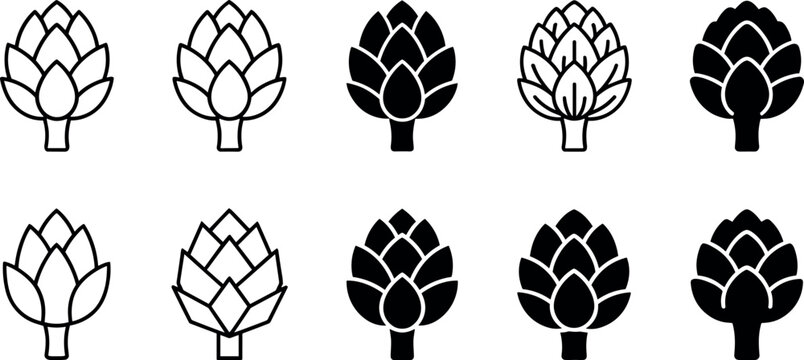 Set of artichoke vegetable vector icons with black and white outline and silhouette food designs