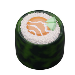 3D round salmon maki roll sushi icon wrapped in seaweed nori render © Andriana