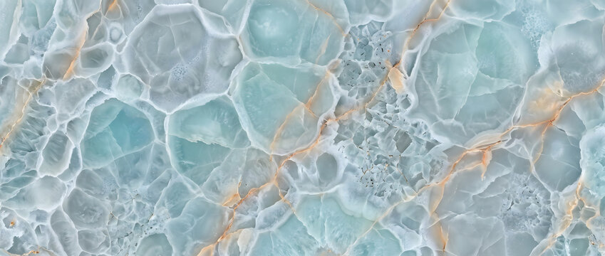Blue agate crystal texture with turquoise cellular formations and gold veins forming an exotic luxury natural stone background