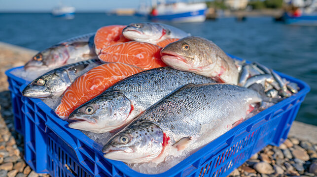 Freshly caught fish packed into blue plastic boxes on a coastal fishing pier, salmon, mackerel, cod and small sardines covered with ice, ocean and boats behind, natural morning light, realistic mari