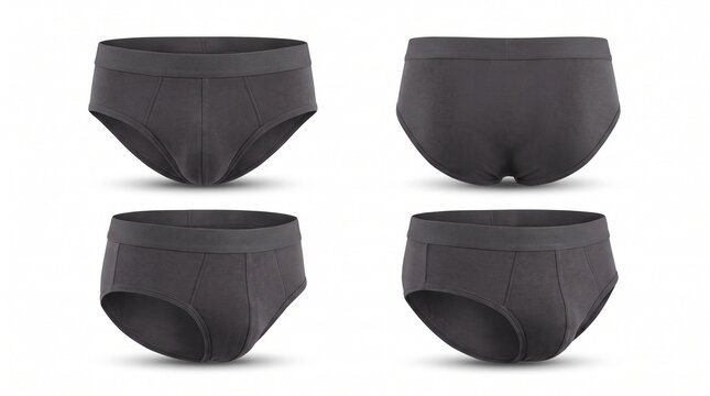 Dark grey men's underwear briefs mockup set from multiple angles isolated on a white background