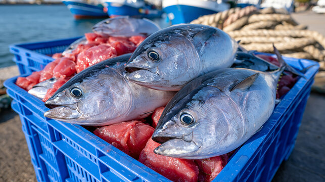 Large plastic fish crates filled with freshly caught tuna and bonito on a fishing port dock, wet surfaces, ropes and fishing boats in the background, early morning natural light, seafood supply chai