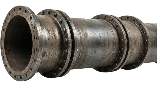 Pipe industrial section shows heavy metal construction with bolted flanges designed for large-scale infrastructure projects.