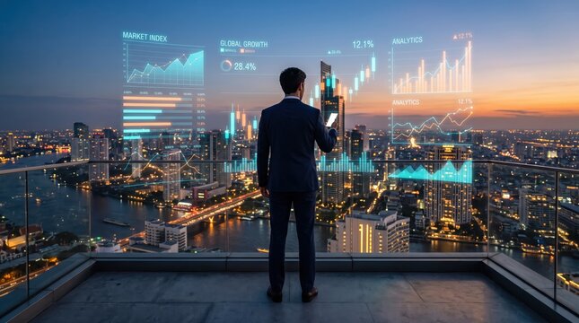 Businessman analyzing financial data and stock market charts on holographic display overlooking city skyline at dusk, global economy and investment growth concept