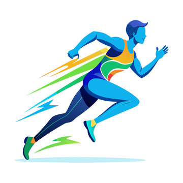 Strong male runner sprinting with blue dynamic motion lines vector illustration for athletic training and speed concept silhouette of a young man running