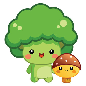 Cute Kawaii Fluffy Green Broccoli Character Vector Illustration - Healthy Vegetable Mascot with Smiling Face