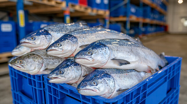 Plastic fish boxes filled with whole salmon and trout stacked inside a large refrigerated warehouse, organized cold storage shelves, frosty atmosphere, clean logistics facility, bright realistic lig