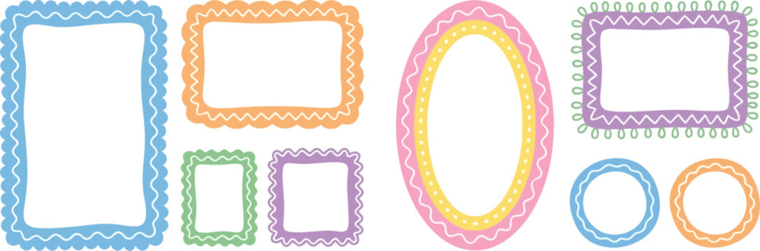 Set of colorful hand drawn doodle frames for kids scrapbooking and invitation cards isolated on transparent background in flat vector style for creative design projects and decorative borders