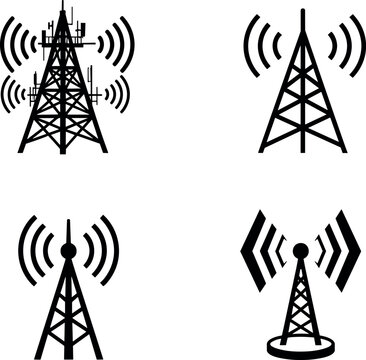 Set of communication tower and transmission antenna vector icons with wireless signal waves for network concepts