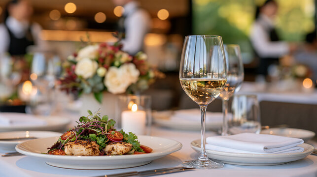 Side angle view of a reserved table sign on a beautifully prepared table inside a sophisticated busy restaurant, formal place settings, elegant tableware and soft candlelight, waiters serving custom