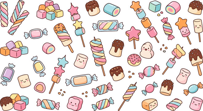 Large collection of cute marshmallow and candy illustrations on sticks and in piles isolated on transparent background for sweet treats and confectionery design projects in flat vector format
