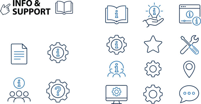 Information support icons collection with editable outline symbols for help, customer service, technical assistance, guidance, and communication