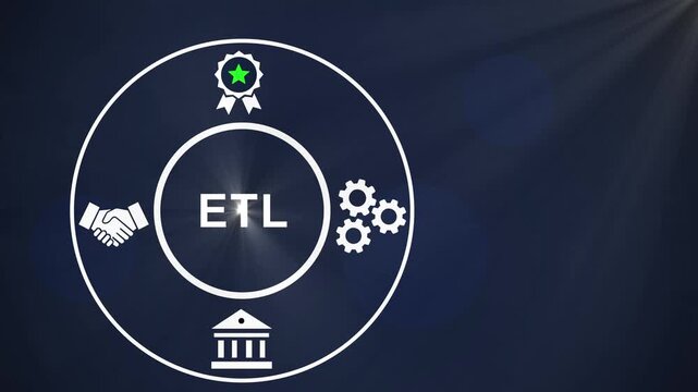 Animated etl data integration process concept featuring digital for banking, partnership, assurance, and mechanical automation systems on a dark blue background, for tech presentations