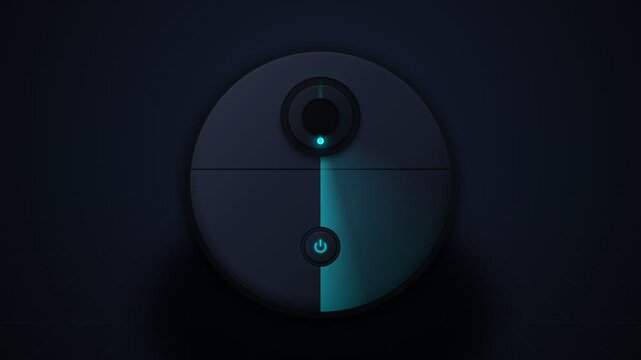 Circular device with glowing blue power and sensor lights on dark surface