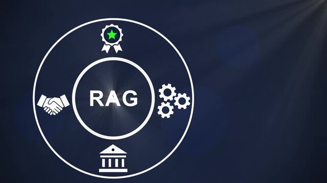 Retrieval augmented generation rag technology concept with animated digital representing artificial intelligence data processing, machine learning architecture, and corporate knowledge retrieval