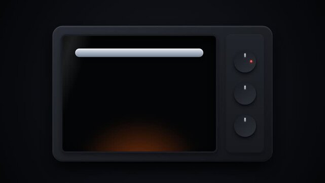 Modern black microwave oven with glowing red indicator light and control knobs on dark background