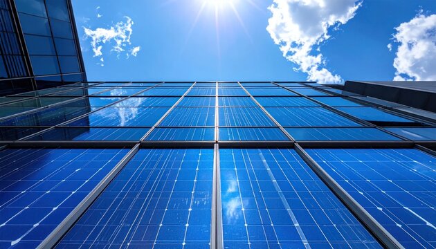 Solar panels on modern building facade.