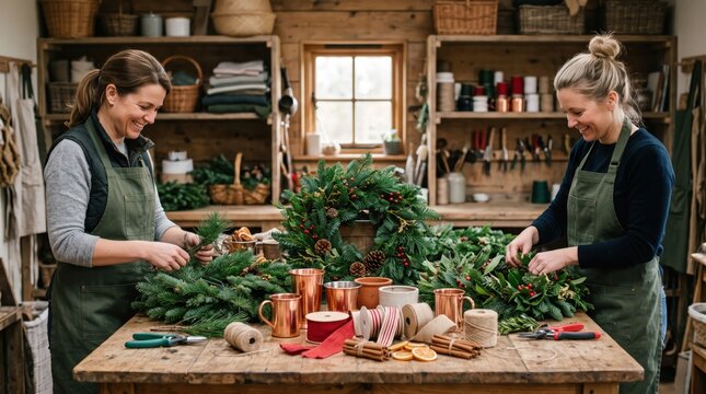 Two women crafting holiday wreaths workshop rustic wooden studio