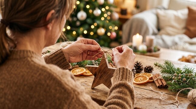 Woman making Christmas decoration tying twine wooden star holiday crafting