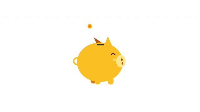 Yellow piggy bank with coin falling, simple cartoon design on white background