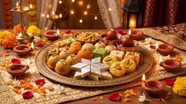 Traditional Indian mithai sweets on a platter with diyas