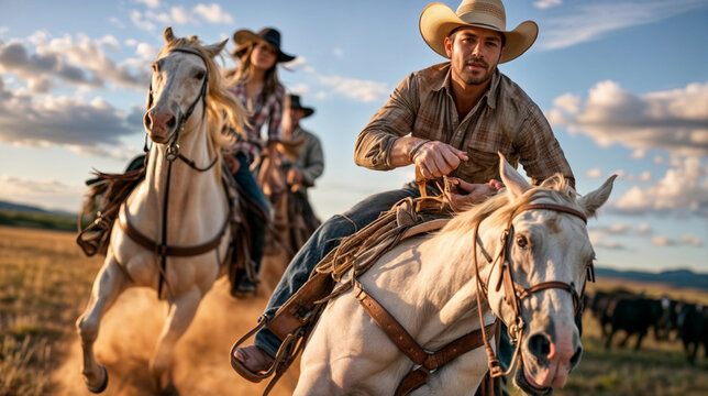 Cowboy riding white horse on ranch with woman and man on horseback herding cattle at sunset. American west rodeo lifestyle, freedom and adventure concept for travel and country culture.