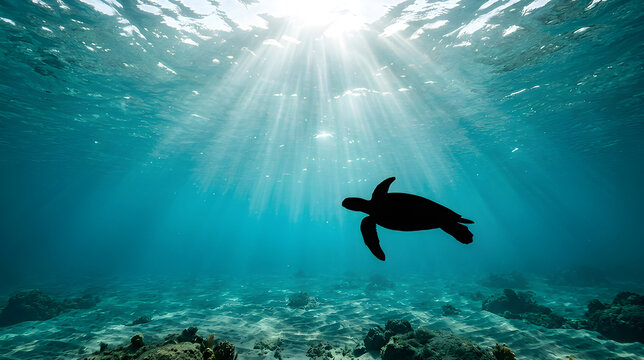 Sea turtle swimming underwater in the ocean with sun rays piercing the surface