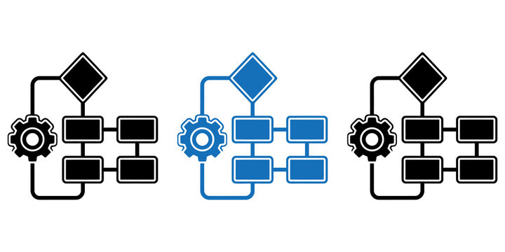Business flowchart and gear system icons for workflow visualization.