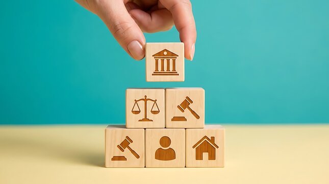 A hand placing a wooden block with a government building icon on a stacked pyramid structure with cube with pyramid blocks legal, building symbol top