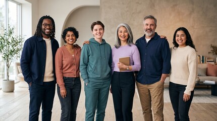 Fototapeta premium Diverse group of neurodivergent adults standing together in a bright modern living room for a portrait representing neurodiversity acceptance and i...
