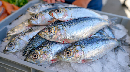 Obraz premium Close up of silver sardines and mackerel layered with crushed ice inside a durable plastic fish box, wet textured scales, detailed freshness, clean seafood processing environment, commercial food ph