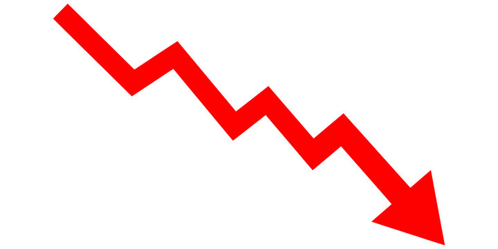 Red falling zig zag arrow showing market crash on checker backdrop.