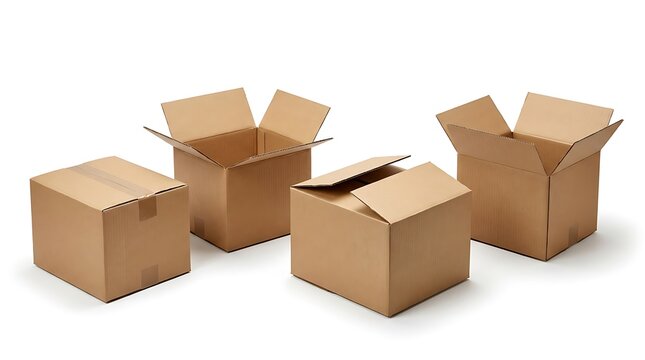 Four brown cardboard boxes arranged on a white background with two open with shipping storage preparation closed arranged clean boxes various states