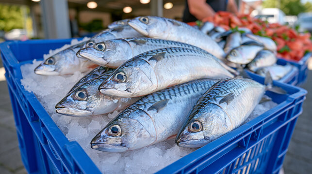 Fresh mackerel, sardines and herring displayed in blue plastic fish boxes at a busy wholesale fish market, crushed ice, organized rows, bright overhead lighting, realistic seafood trade scene --hd -