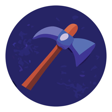 Isometric pickaxe icon. Flat vector illustration for mining, work and industry design. Blue and orange color on circular background.