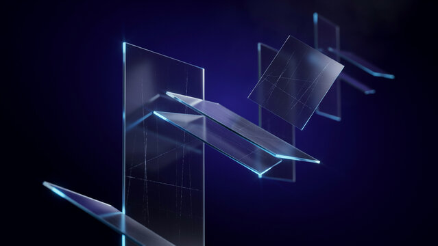 Abstract arrangement of floating transparent glass rectangles with blue light reflections on dark background