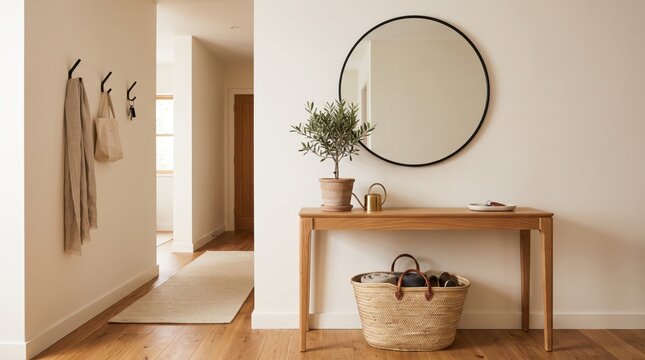 Minimalist entryway interior with wooden console table round mirror potted plant woven basket coat hooks on white wall and hardwood floor in bright modern home
