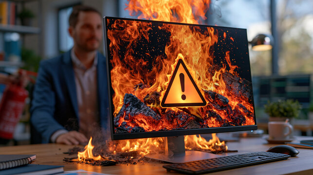 Modern corporate workstation experiencing catastrophic computer overheating, monitor glowing with overload warning, small flames and smoke around the equipment, employee responding with a fire extin