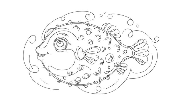Coloring book illustration of pufferfish white background.