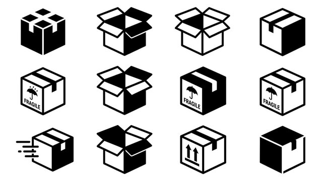 A collection of twelve black and white icons representing various cardboard boxes for shipping and delivery services in a grid layout