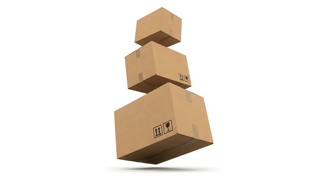 Three stacked cardboard shipping boxes floating in the air against a white background with stacked vertically suspended background subtle shadows