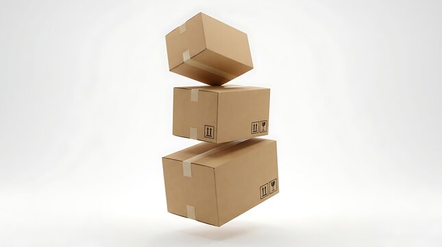 Three cardboard boxes stacked vertically and floating against a plain white studio background with stacked vertical arrangement brown cardboard shipping