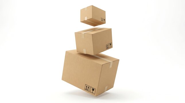 Three stacked cardboard boxes floating in mid air against a plain white studio background with studio lighting environment vertically while floating