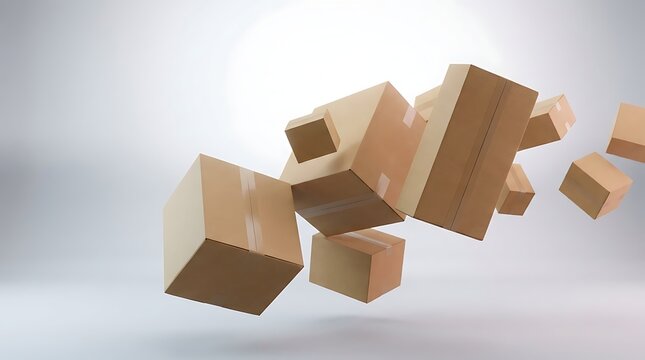 Multiple blank cardboard boxes floating in the air against a plain white background studio setting with floating midair arranged several brown cardboard