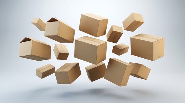 Multiple empty brown cardboard delivery boxes floating in the air against a light grey background with representing delivery shipping