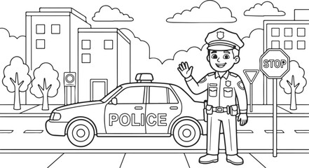 Friendly police officer waving near patrol car in a cartoon city street scene © Humayra
