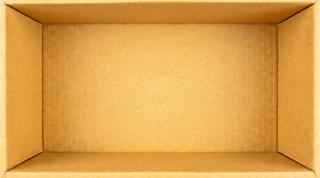 Top down view of an empty rectangular brown cardboard box with clean interior paper walls with directly above showing edges paper container