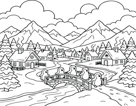 Winter village coloring page with cozy cottages a small bridge and snowy mountains under a cloudy sky